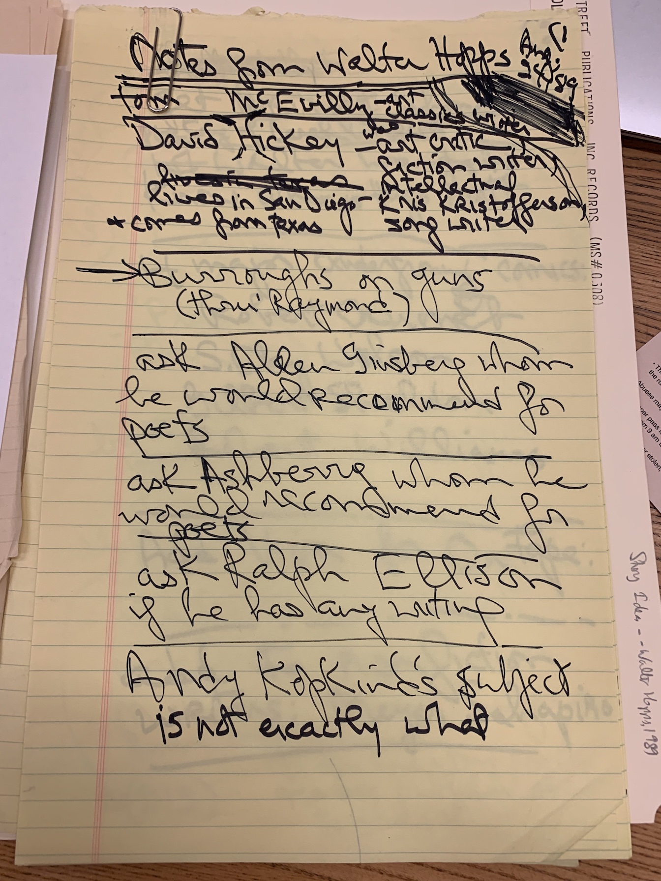 Notes from Walter Hopps in Jean Stein's handwriting (from the Columbia University Grand Street archive)